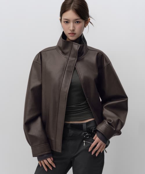 Women's Synthetic Leather High Neck Blouson Jacket [Brown]