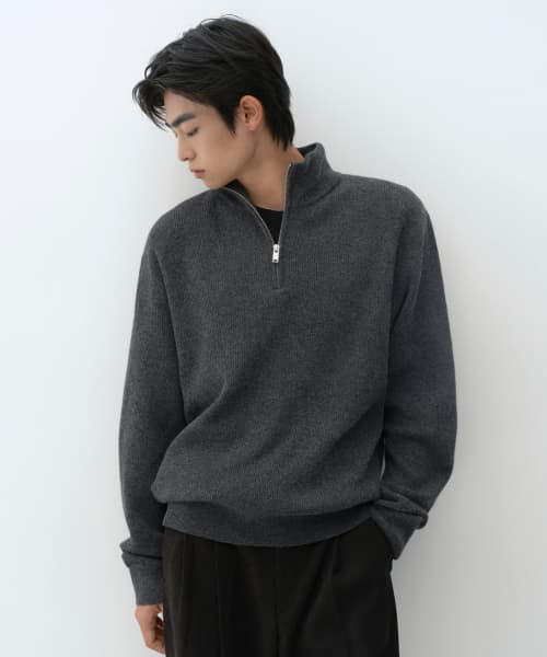 VICTORIA WOOL Minimal Ribbed Quarter-Zip Sweater Medium Gray