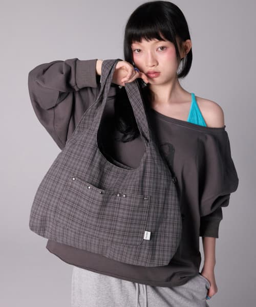CHECK STUD COTTON BIG BAG - GREY