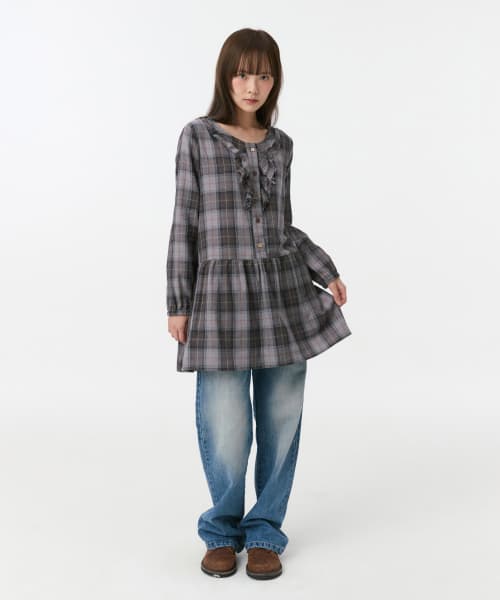 VINTAGE RUFFLE DRESS, GRAY CHECK