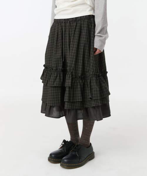 CHECK FRILL MIDI SKIRT, BROWN
