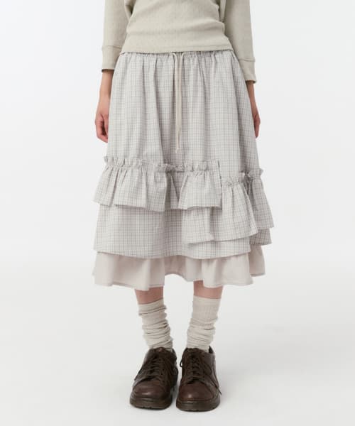 CHECK FRILL MIDI SKIRT, LIGHT BEIGE