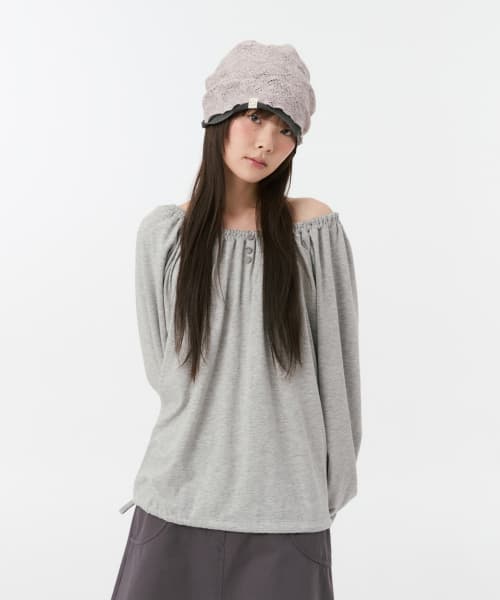 STRING BOAT NECK JERSEY BLOUSE, GRAY