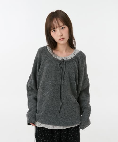 SOFT ALPACA LAYERED U-NECK KNIT, CHARCOAL