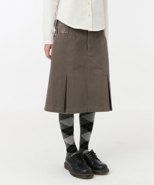 FLORAL LINE PLEATED MIDI SKIRT, KHAKI