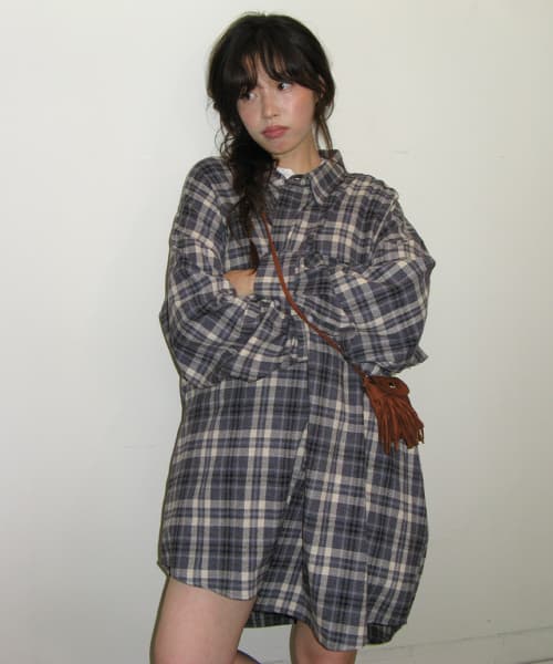 Ribbon Pin Set Shirt Dress, Navy Check