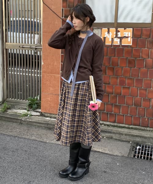 CHECK FLARE BANDING MIDI SKIRT BROWN