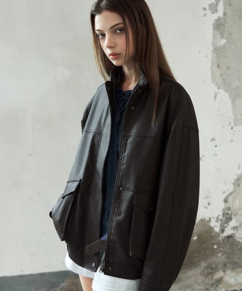 High-Neck Leather Blouson Jacket [D.BROWN]