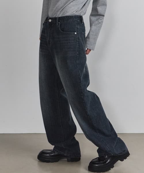 Washed Striped Wide Denim Pants [Indigo Blue]
