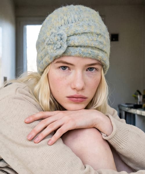 Flower Shirring Beanie (Light Blue)
