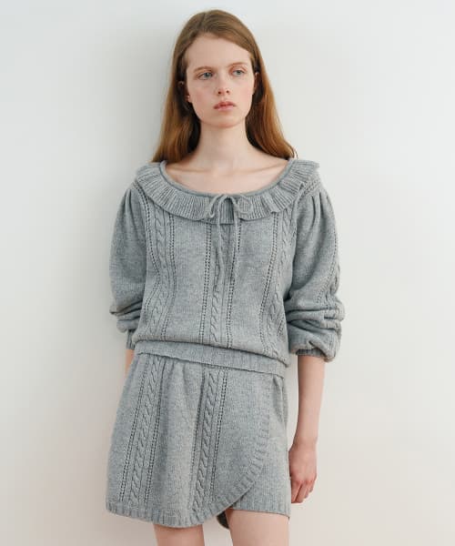 Ruffle Cable Knit Pullover (Melange Grey)
