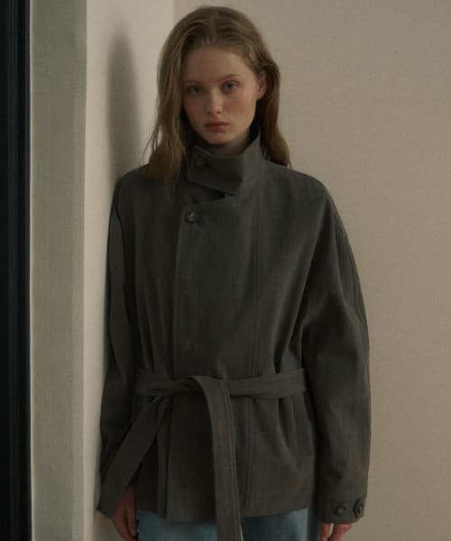 High-Neck Cropped Trench Coat - Charcoal