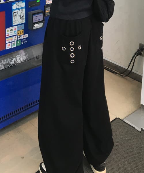 Double Cross Eyelet Curved Balloon Pants 3color