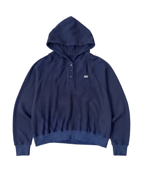 Waffle Henley-Neck Hooded T Shirt, Navy