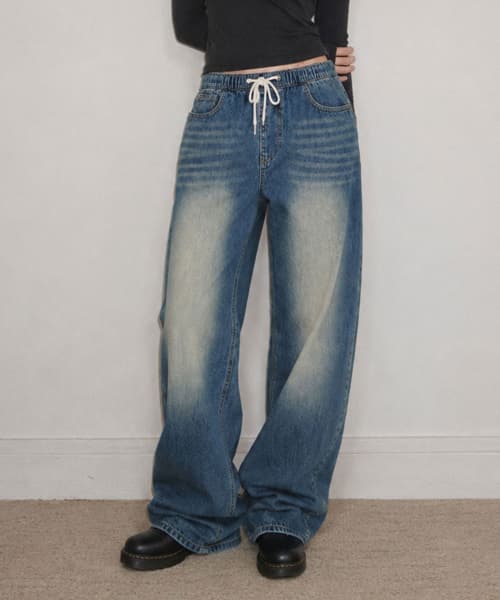 Mirobeu Washed Wide Denim Pants With Elastic Waistband 3 Colors [ANBD_6031]