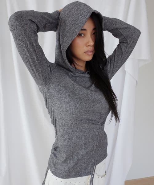 Ribbed Shirred Hooded Long Sleeve T Shirt Melange