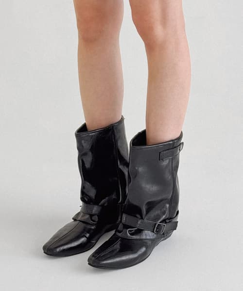 Mandarin Belted Mid Calf Boots Black FL1426