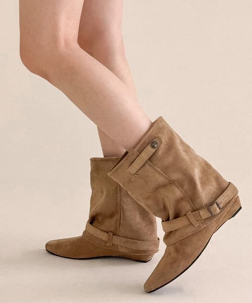 Mandarin Suede Belted Mid Calf Boots Velvet Beige FL1426
