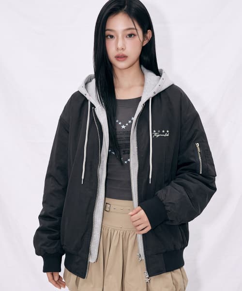 Hood-Layered Bomber Jacket [Black]