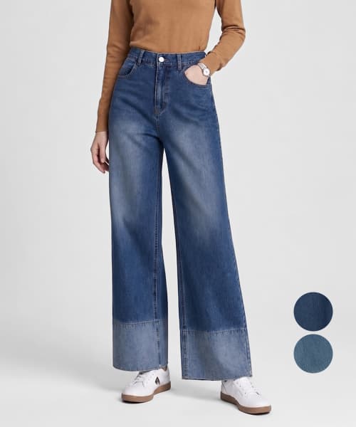 Spring/Fall Women's Wide Two-Tone Washed Back-Elastic Denim Pants DQFLJN21