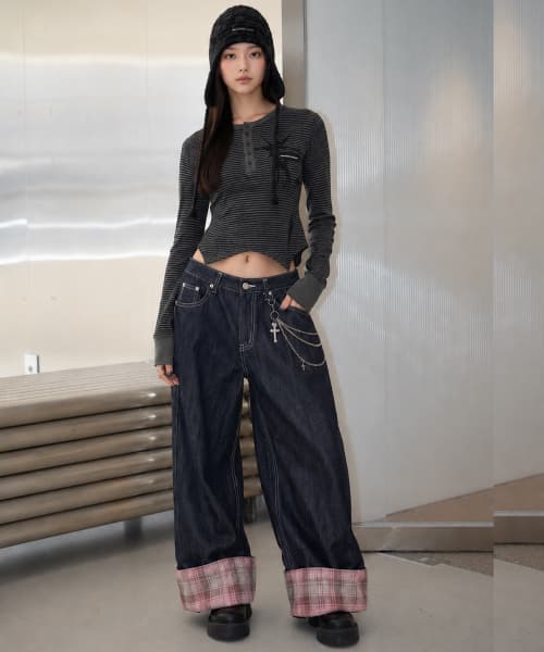 Checked Cuff Wide Denim Pants, Indigo
