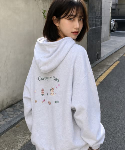 Cherry Cake Embroidered Hoodie Melange White